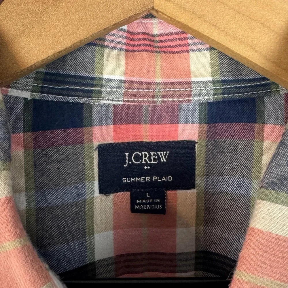 J. Crew‎ Men Large Pink Blue Summer Plaid Button Down Long Sleeve Shirt Cotton